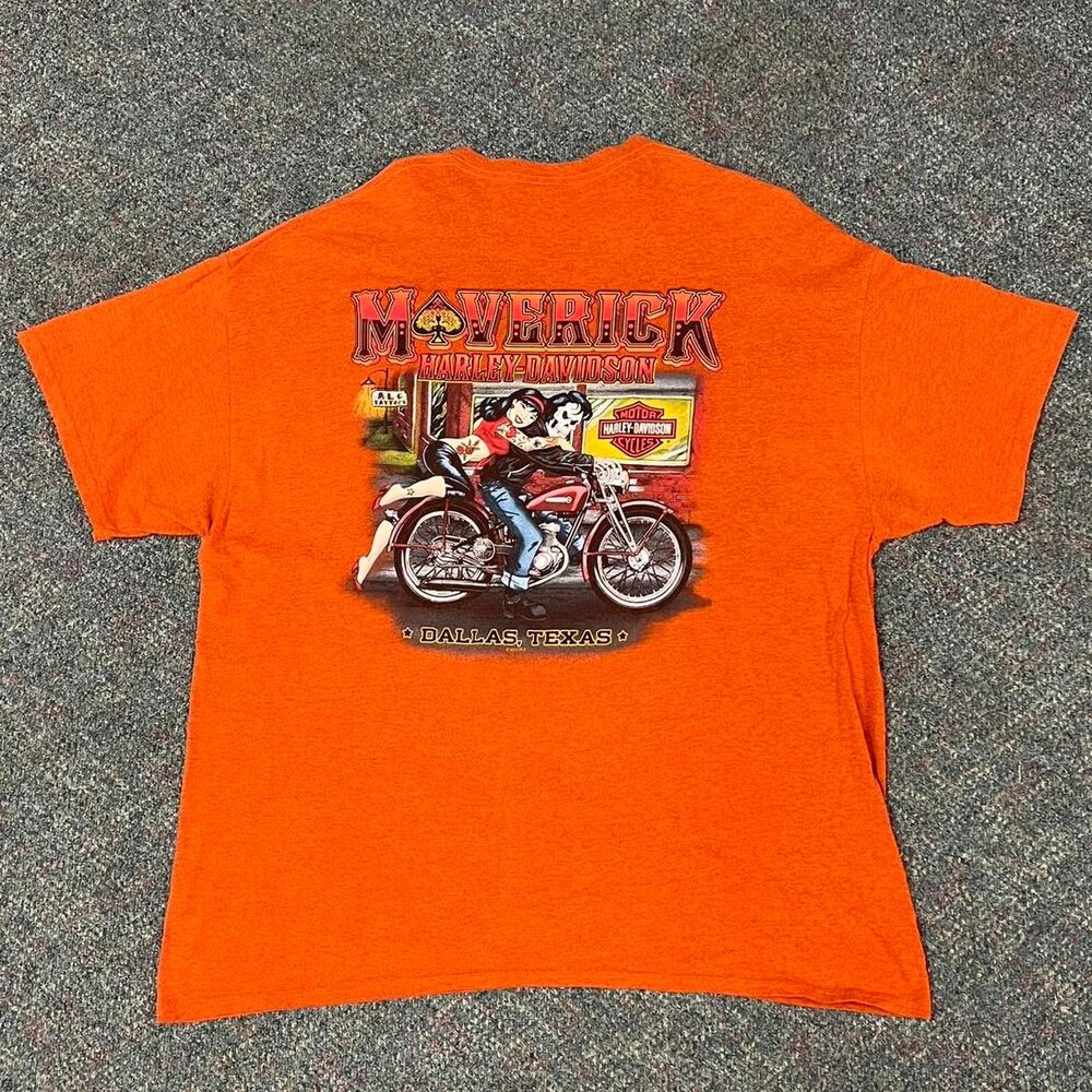 Harley Davidson orange tee with graphic on front and back
